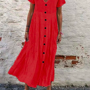 Women Casual Plain V Neck Button Short Sleeve Loose Summer Maxi Dress, Maxi Dresses, Roselinlin - Online Catalog