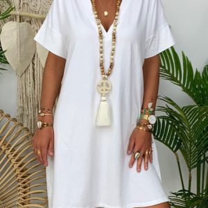 Solid Color V-neck Loose Dress, Midi Dresses, Roselinlin - Online Catalog