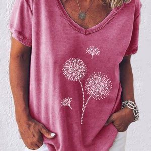 Floral Cotton-Blend Casual V Neck Top, Tees & T-shirts, Roselinlin - Online Catalog