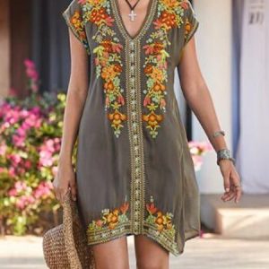 Women Short Sleeve Embroidered Shift V Neck Dress, Midi Dresses, Roselinlin - Online Catalog