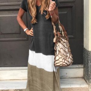 Women V Neck Striped Printed Casual Short Sleeve Maxi Dress, Maxi Dresses, Roselinlin - Online Catalog