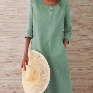 Solid Pockets Midi Dress 3/4 Sleeve Women Dress, Midi Dresses, Roselinlin - Online Catalog