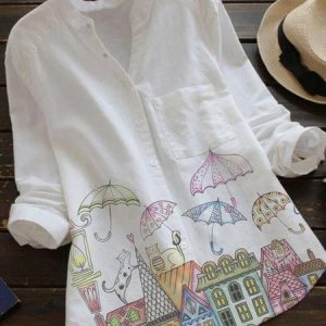 White Shirt Collar Cotton-Blend Sweet Top, Blouses & Shirts, Roselinlin - Online Catalog