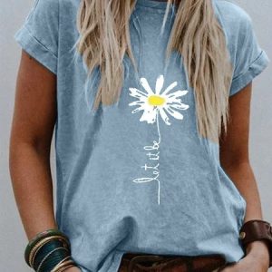 Short Sleeve Floral-Print Casual T-Shirt, T-shirts, color:Blue|size:3XL, catalog Noracora shop