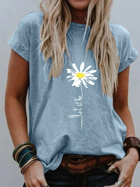 Women Casual Plain Floral-Print Daisy Crew Neck Short Sleeve Summer T-shirt, Tees & T-shirts, Roselinlin - Online Catalog