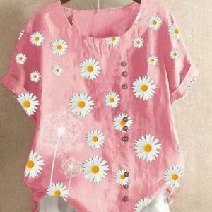 Short Sleeve O-Neck Daisy Printed T-Shirt, Blouses & Shirts, Roselinlin - Online Catalog