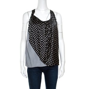 Acne Monochrome Shy Dots and Striped Panel Detail Silk Asymmetric Tank Top L, Shirts & Tops - Luxury Closet catalog