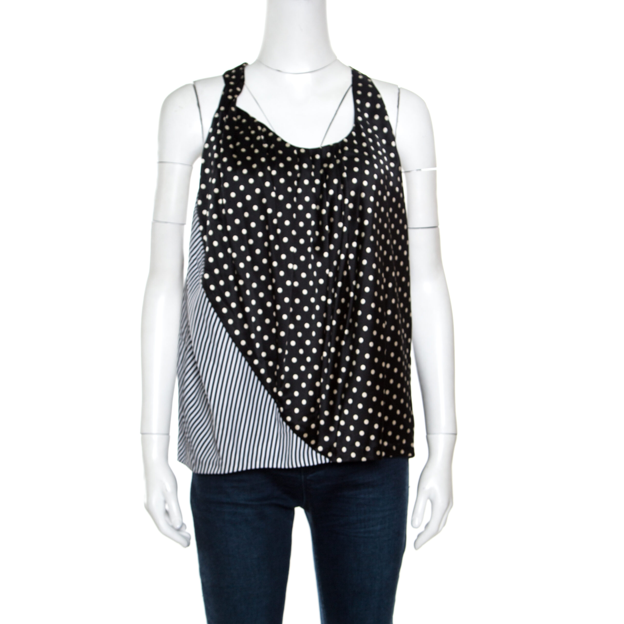 Acne Monochrome Shy Dots and Striped Panel Detail Silk Asymmetric Tank Top L, Shirts & Tops - Luxury Closet catalog