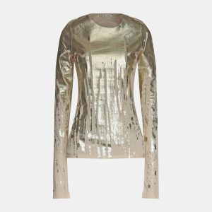 Acne Studios Beige Gold Foil Print Crepe Long Sleeve Top L, Shirts & Tops - Luxury Closet catalog