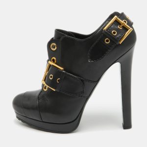 Alexander McQueen Black Leather Eyelet Buckle Booties Size 40, Boots - Luxury Closet