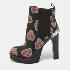 Alexander McQueen Black/Red Floral Print Leather Studded Ankle Boots Size 36, Boots - Luxury Closet catalog