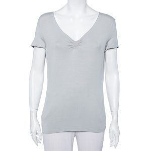 Armani Collezioni Grey Knit Ruched Neck Detail T-Shirt XL, Shirts & Tops - Luxury Closet