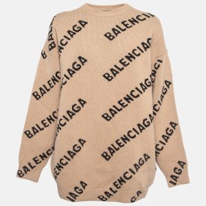 Balenciaga Brown All Over Logo Wool Knit Crew Neck Jumper M, Sweaters & Cardigans - Luxury Closet catalog