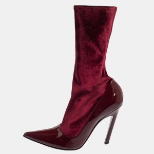 Balenciaga Burgundy Velvet And Patent Leather Knife Mid Calf Boots Size 39, Boots - Luxury Closet catalog