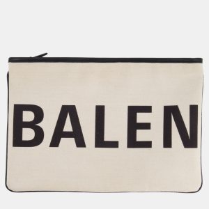 Balenciaga Cream and Black Logo Pochette Bag in Canvas with Silver Hardware, Wallets & Money Clips - Luxury Closet catalog