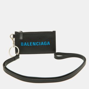 Balenciaga Black/Blue Leather Zip Card Holder with Strap, Wallets & Money Clips - Luxury Closet catalog