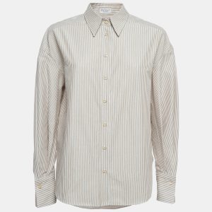 Brunello Cucinelli White/Brown Striped Cotton Shirt L, Shirts & Tops - Luxury Closet catalog