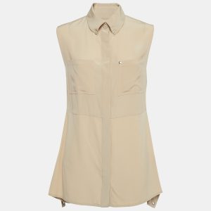 Burberry Beige Silk Buttoned A-Line Sleeveless Shirt Blouse S, Shirts & Tops - Luxury Closet