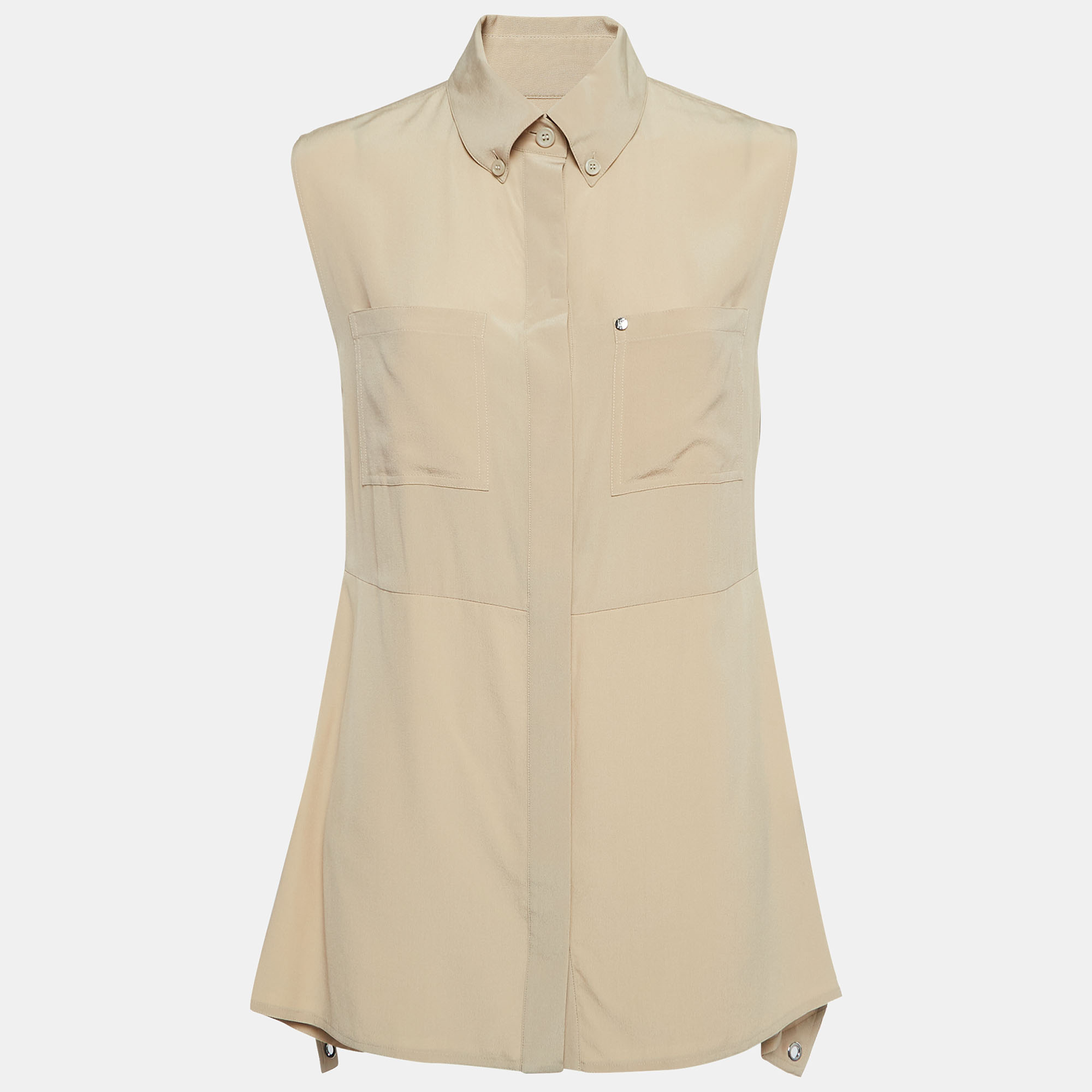 Burberry Beige Silk Buttoned A-Line Sleeveless Shirt Blouse S, Shirts & Tops - Luxury Closet