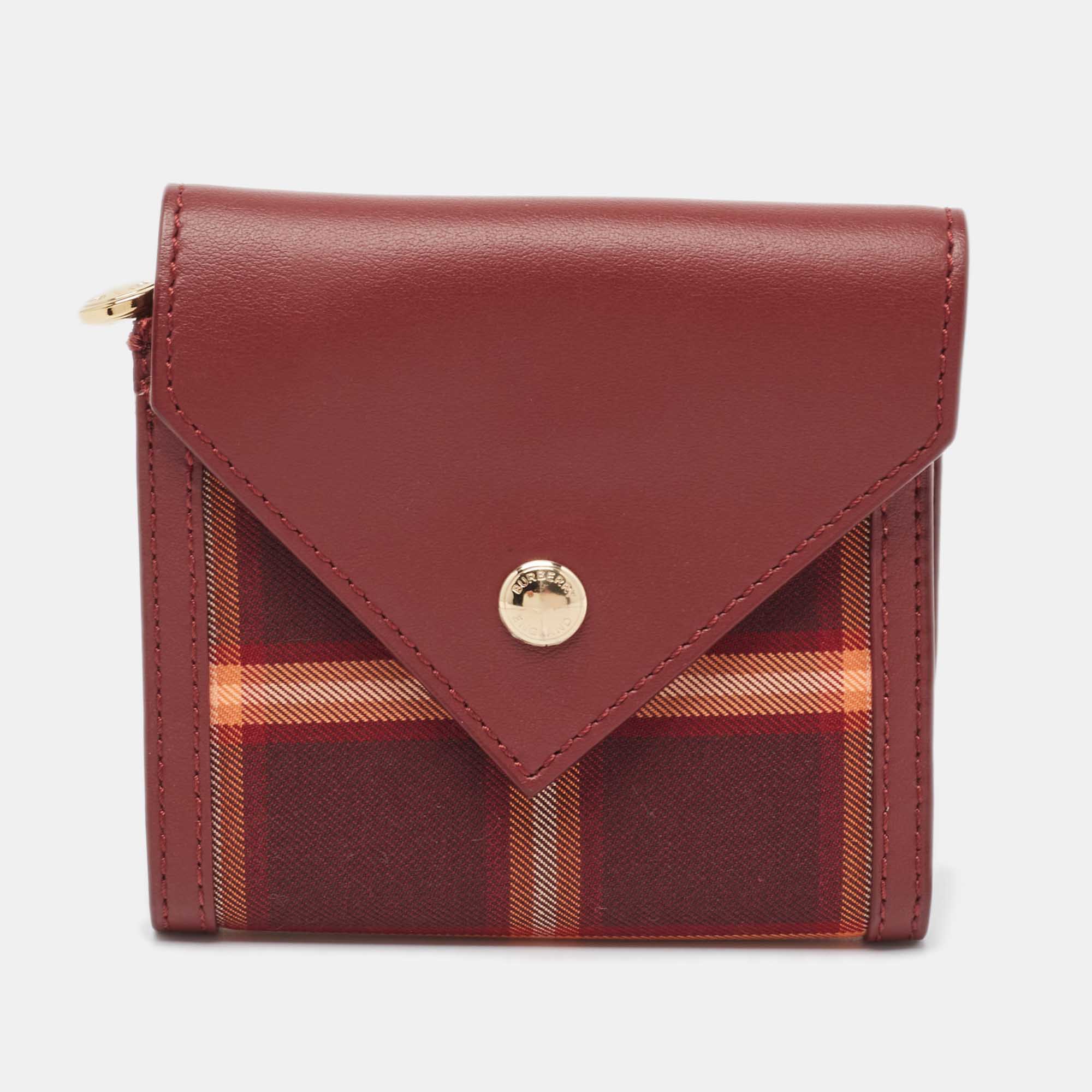 Burberry Burgundy Tartan Check Nylon and Leather Lila Trifold Compact Wallet, Wallets & Money Clips - Luxury Closet catalog
