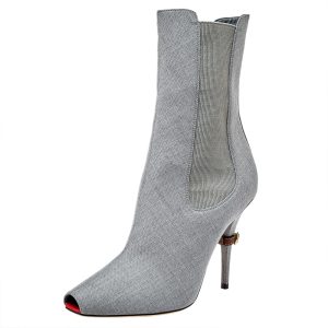 Burberry Grey Canvas And Elastic Fabric Peep Toe Kenzie Ankle Boots Size 39.5, Boots - Luxury Closet catalog