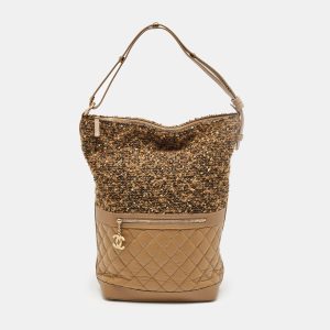 Chanel Brown Quilted Aged Leather and Tweed Large Casual Hobo, Hobo Handbags - Luxury Closet catalog