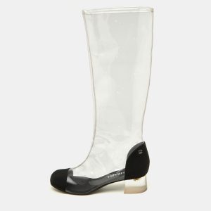 Chanel Transparent/Black PVC and Grosgrain Knee High Boots Size 38.5, Boots - Luxury Closet catalog