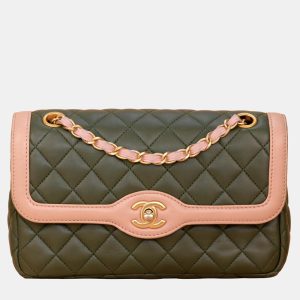 Chanel Pink/Green Quilted Lambskin Leather Two Tone Single Flap Bag Shoulder Bag, Shoulder Bags - Luxury Closet catalog