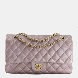 Chanel Metallic Rose Gold Medium Classic Double Flap Bag in Coated Calfskin with Champagne Gold Hardware, Shoulder Bags - Luxury Closet catalog
