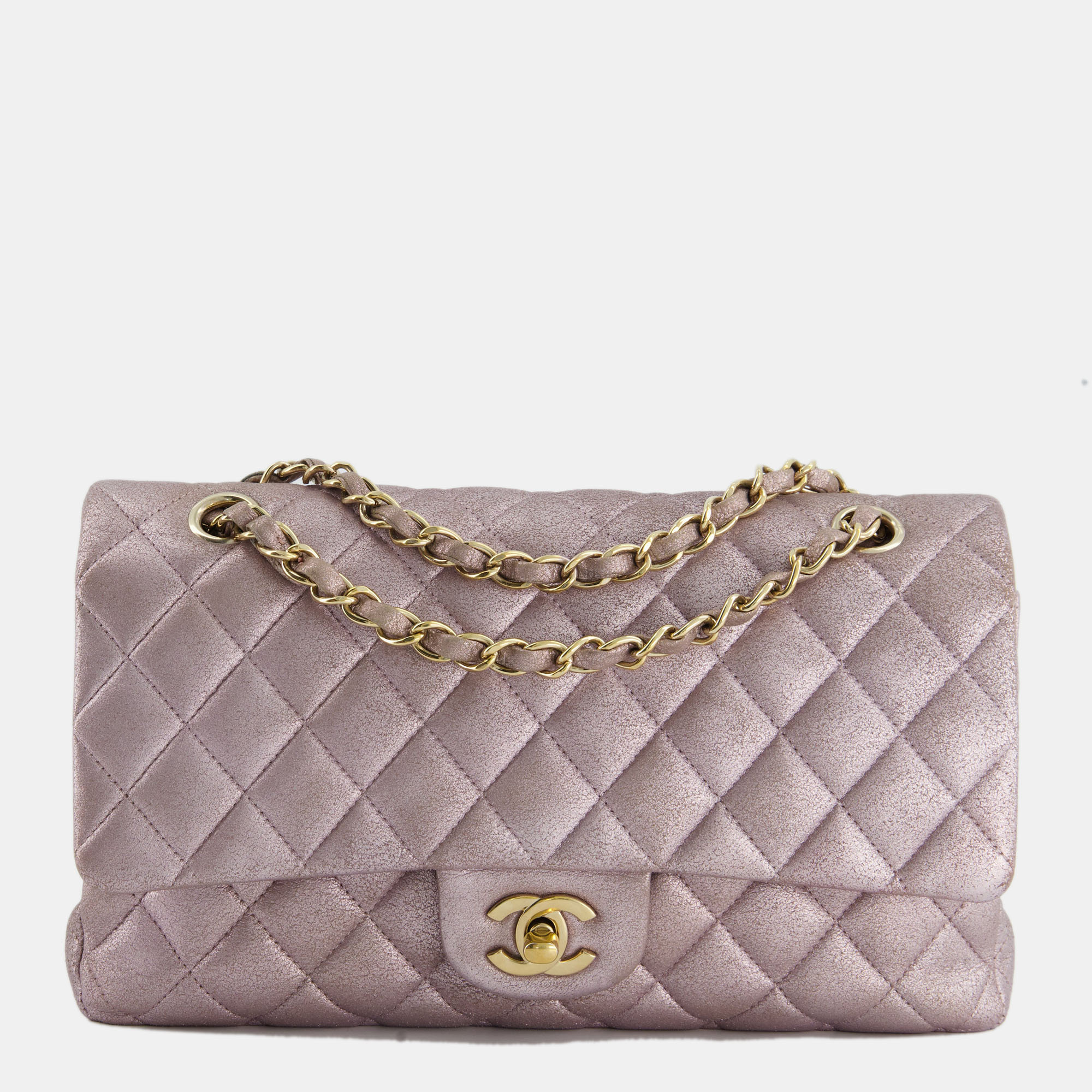 Chanel Metallic Rose Gold Medium Classic Double Flap Bag in Coated Calfskin with Champagne Gold Hardware, Shoulder Bags - Luxury Closet catalog