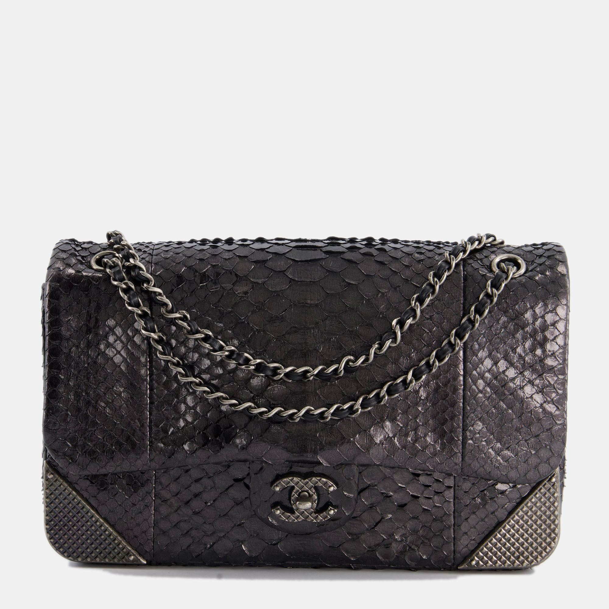 Chanel Metallic Black Python Small Single Flap Bag with Ruthenium Textured Hardware, Shoulder Bags - Luxury Closet catalog