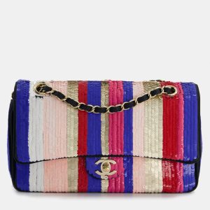 Chanel Multi-Colour Sequin Stripe Medium Double Flap Bag with Champagne Gold Hardware, Shoulder Bags - Luxury Closet catalog