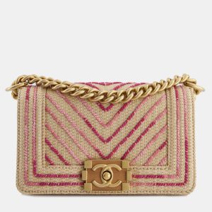 Chanel Small Raffia Boy Bag with Metallic Pink Chevron Stitch and Brushed Gold Hardware, Shoulder Bags - Luxury Closet catalog