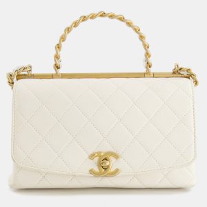 Chanel White Lambskin Leather Small Flap Bag with Brushed Gold Chain Top Handle, Shoulder Bags - Luxury Closet catalog