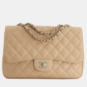 Chanel Beige Classic Jumbo Stitched Edge Single Flap Bag in Caviar Leather with Silver Hardware, Shoulder Bags - Luxury Closet catalog