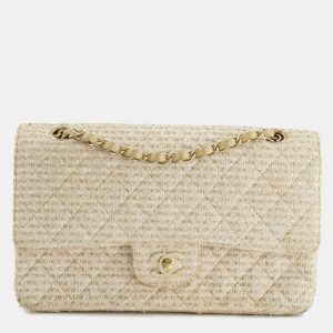 Chanel Medium Classic Double Flap Bag in Beige and Gold Tweed with Champagne Gold Hardware, Shoulder Bags - Luxury Closet catalog