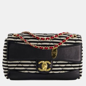 Chanel Black and White Mini Rectangular Jersey Single Flap Bag with Red Chain Detail and Gold Hardware, Shoulder Bags - Luxury Closet catalog