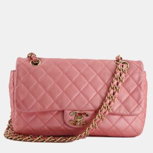 Chanel Pink Metallic Single Flap Shoulder Bag in Lambskin Leather with Gold and Precious Stone Hardware, Shoulder Bags - Luxury Closet catalog