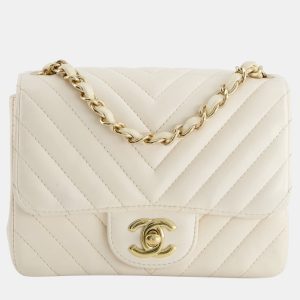 Chanel White Mini Square Bag in Chevron Lambskin Leather with Champagne Gold Hardware, Shoulder Bags - Luxury Closet catalog