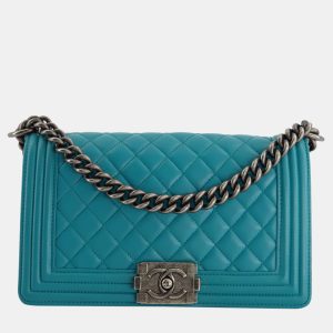 Chanel Teal Blue Medium Boy Bag in Lambskin Leather with Ruthenium Hardware, Shoulder Bags - Luxury Closet catalog