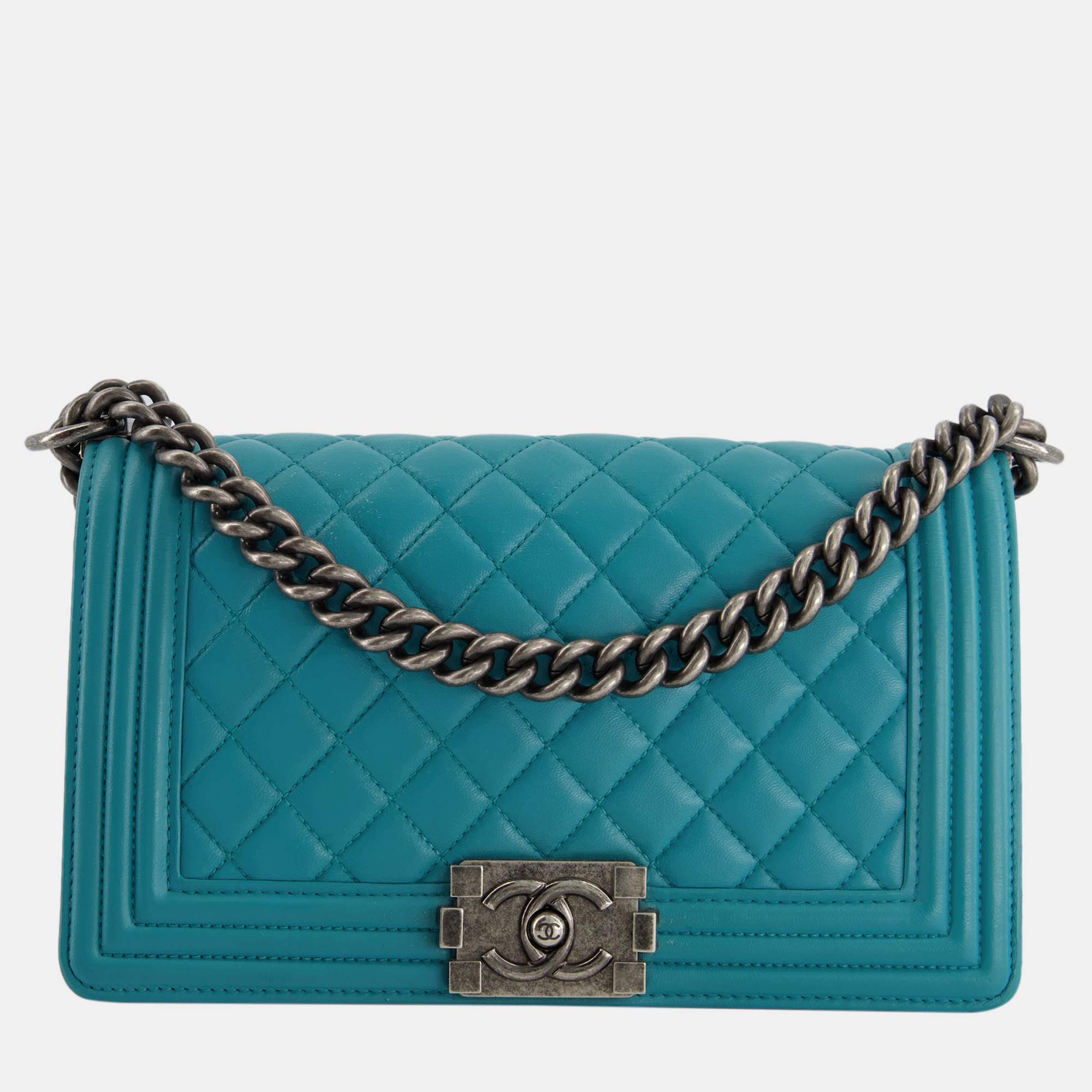 Chanel Teal Blue Medium Boy Bag in Lambskin Leather with Ruthenium Hardware, Shoulder Bags - Luxury Closet catalog