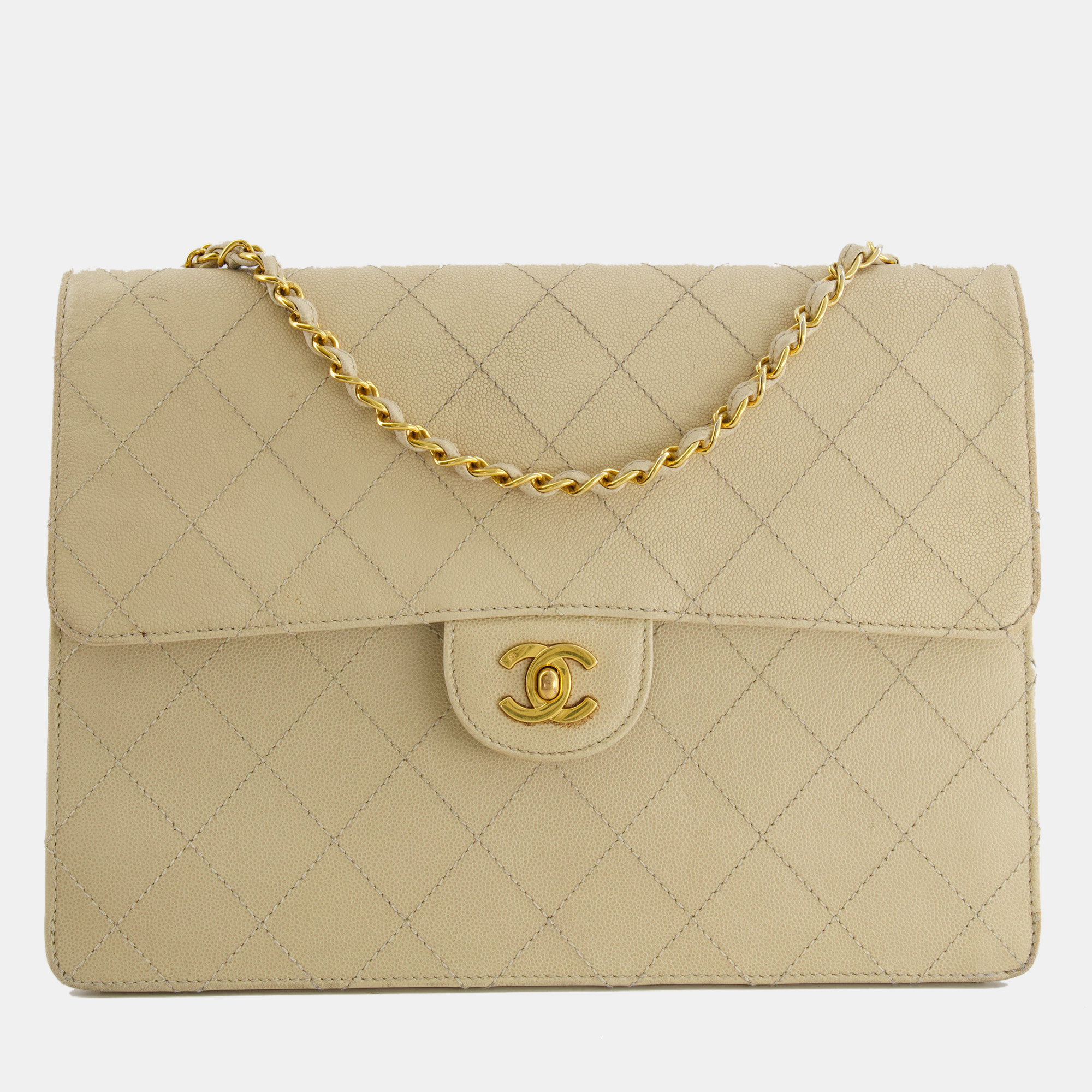Chanel Vintage Beige Large Single Flap Bag in Caviar Leather with 24k Gold Hardware, Shoulder Bags - Luxury Closet catalog