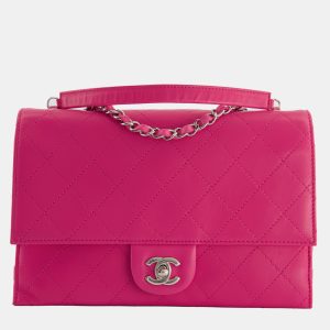 Chanel Hot Pink Small Accordion Quilted Single Flap Bag in Calfskin Leather with Silver Hardware, Shoulder Bags - Luxury Closet catalog