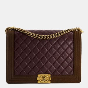 Chanel Burgundy with Brown Suede Large Boy Bag in Aged Calfskin Leather with Aged Gold Hardware, Shoulder Bags - Luxury Closet catalog