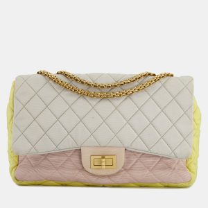 Chanel Large Jersey Reissue Pastel Yellow, Grey and Pink with Antique Gold Hardware, Shoulder Bags - Luxury Closet catalog