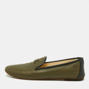 Chanel Khaki Green/Black Leather CC Smoking Slippers Size 37, Loafers & Slip-Ons - Luxury Closet catalog