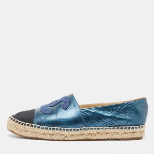Chanel Blue/Black Leather and Canvas CC Cap Toe Espadrille Flats Size 38, Loafers & Slip-Ons - Luxury Closet catalog