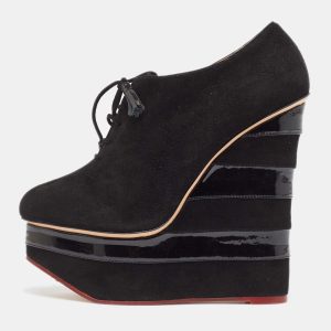 Charlotte Olympia Black Suede and Patent Leather Martha Wedge Booties Size 39.5, Boots - Luxury Closet catalog