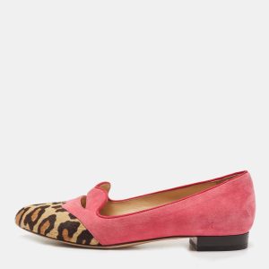 Charlotte Olympia Pink/Brown Suede and Calf Hair Smoking Loafers Size 36, Loafers & Slip-Ons - Luxury Closet catalog