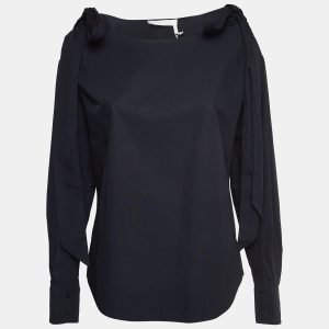 Chloe Navy Blue Poplin Tie-Up Cold Shoulder Blouse M, Shirts & Tops - Luxury Closet